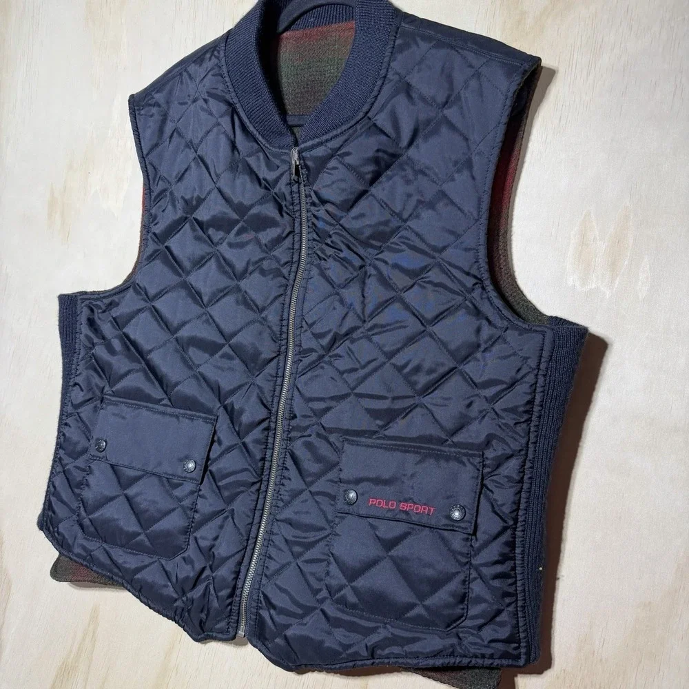 Vintage Polo Sport Ralph Lauren Reversible Vest Wool Plaid Quilted Men's XL